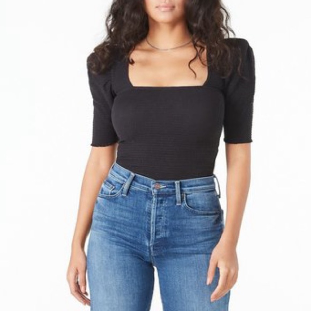 Nation LTD Zandra smocked party tee XS jet black square neck puff sleeve top